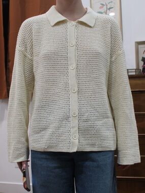 Cream Button-Up Knit Sweater with Collar